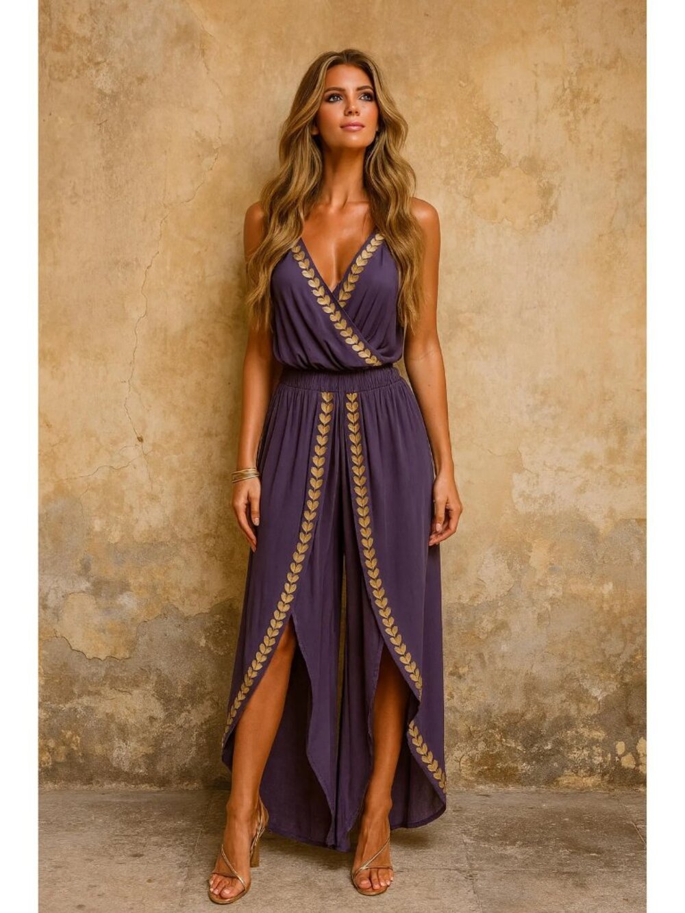 Gold Trim Cross-Neck Elastic Waist Drawstring Slit Jumpsuit SMALL
